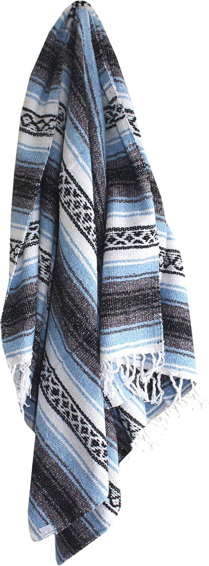 Del Mex Classic Mexican Blanket, Large Authentic Woven Falsa Throw (70"x50"), Artisan Southwest Décor for Beach, Yoga, Outdoors (Light Blue)