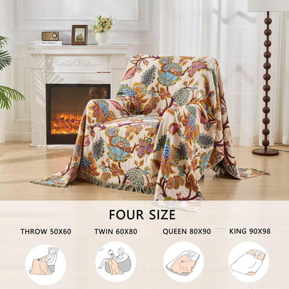 100% Muslin Throw Blanket for Couch, Butterfly and Floral Double Embroidery Fall Throw Blanket 60"x80" for Sofa, Chair, Woven Cotton Reversible Mexican Blanket