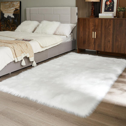 AMTOVO Faux Fur Sheepskin Rug for Living Room, 4 x 6 ft White Fluffy Area Rug for Bedroom, Playroom, Luxury Room Decor, Rectangle