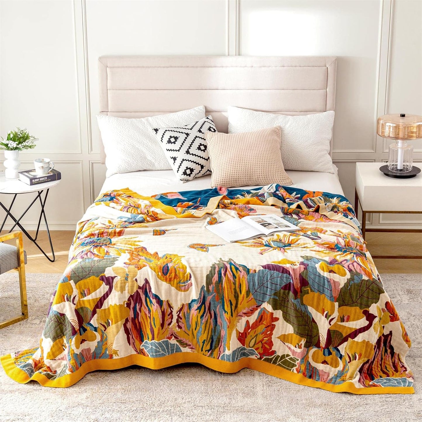 Boho Throw Blanket for Couch 100% Cotton Throw Floral Bed Blanket 80''x90'',Cotton Quilts Travel Knitted Muslin Blanket Home Decor Cozy Blankets for Women