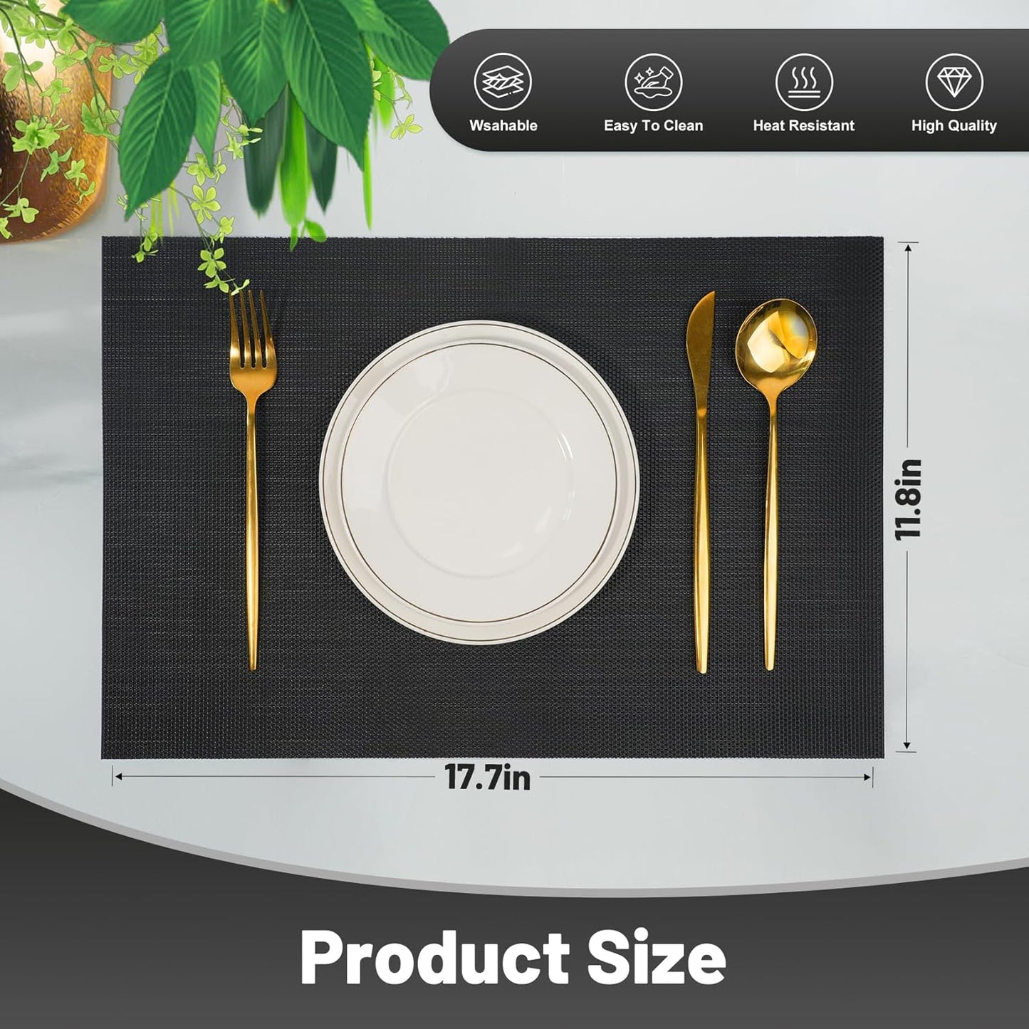 Placemats Set of 12，Non-Slip PVC Weave Table Mats Easy to Clean，Heat Resistant Place Mats for Kitchen Dining Table Decoration Indoor Outdoor，Black