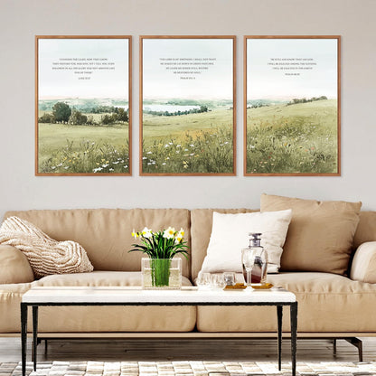 KAIRNE Scripture Christian Canvas Wall Art,Bible Verse Prints Set of 3(16”X24”),Modern Scripture Floral Wall Decor,Framed Green Countryside Field Paintings for Living Room Bedroom Ding Room Decor