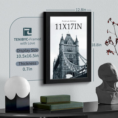 11x17 Picture Frame 3 Pack - Black Woodgrain, Solid Wood & HD Tempered Glass, Wall Gallery Poster Frame