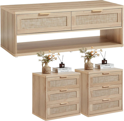 LEYAOYAO Boho Rattan Coffee Table and End Table Sets, 48" Wide Center Tables & 23" Night Stand with 3 Drawers, Natural Wood Coffee Table for Living Room 3 Piece Set