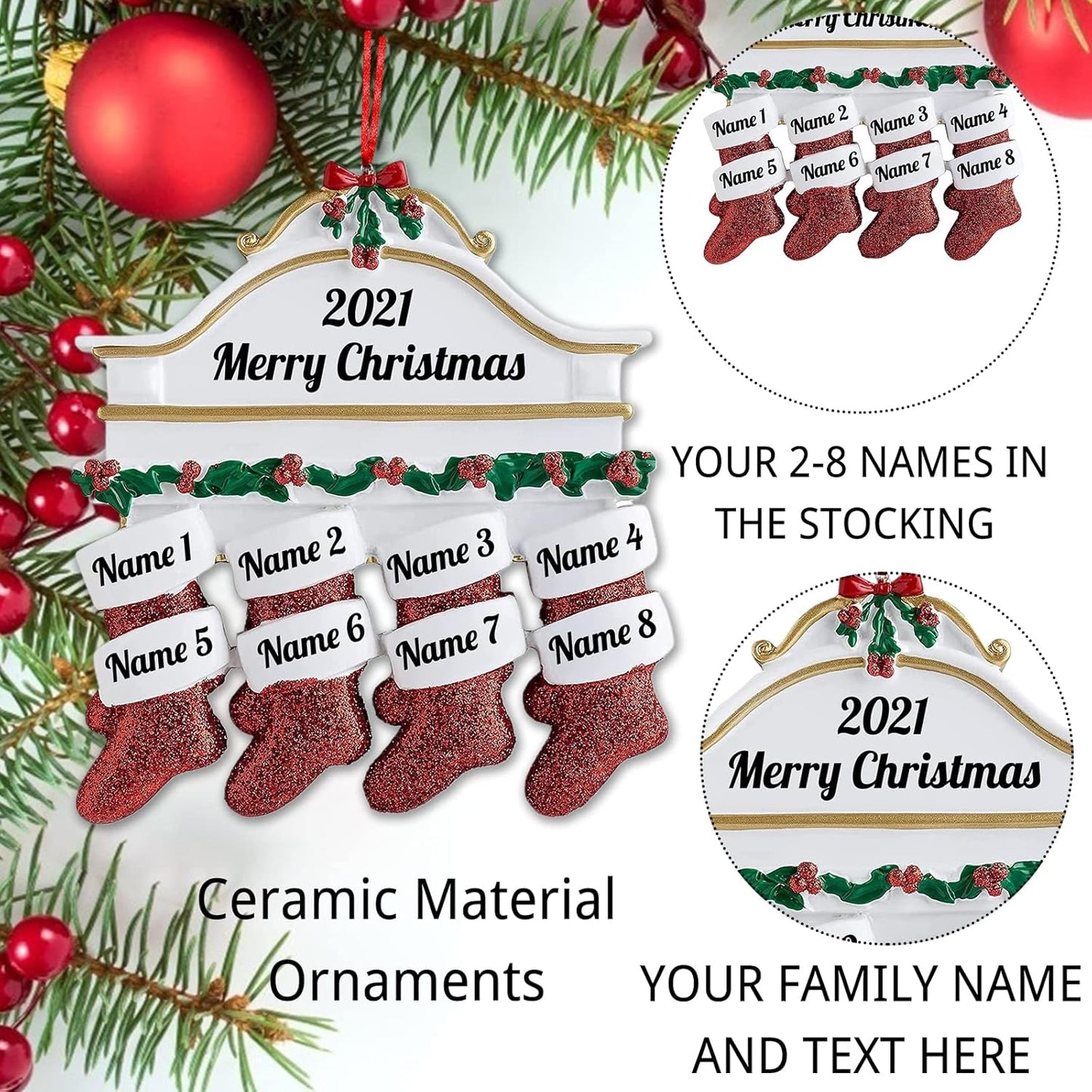 Personalized Christmas Ornaments Family of 2,3,4,5,6,7,8 Custom Christmas Stocking Ornaments with Names, Customized Xmas Day Home Christmas Tree Decora- Family of 8