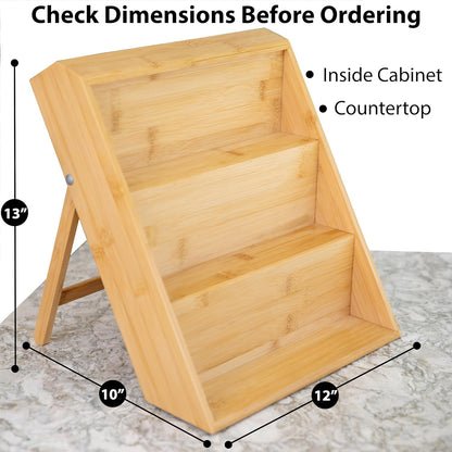Extra Sturdy 3-Tier Bamboo Spice Rack – 12" W x 10" D x 13" H – Foldable Non-Slip Wooden Spice Organizer for Countertop, Cabinet & Drawer – Includes Labels, Funnel & Hooks – Spice Jars NOT Included
