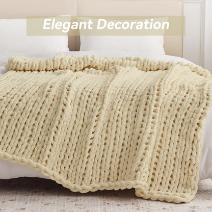 Chunky Knit Throw Blanket, 50''*60'' Knitted Throw Chenille Yarn for Bed Couch, Handmade Oatmeal Crochet Big Thick Blanket, Machine Washable Cute Comfy Blanket for Home Decor