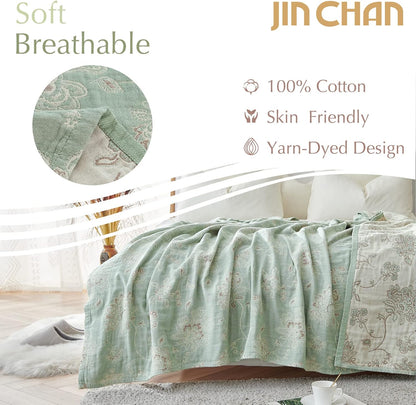 jinchan Boho 100% Cotton Muslin Twin Size 50x60 Inches Blanket Lightweight 4-Layer Quilted Soft Green and Beige Floral Throw Blanket Reversible Comfy Flower Breathable All Seasons Couch Bedroom Decor