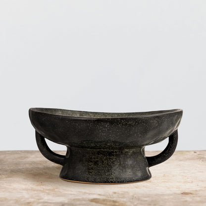 Creative Co-Op Stoneware Footed Pedestal/Bowl with Handles, Reactive Glaze, Black