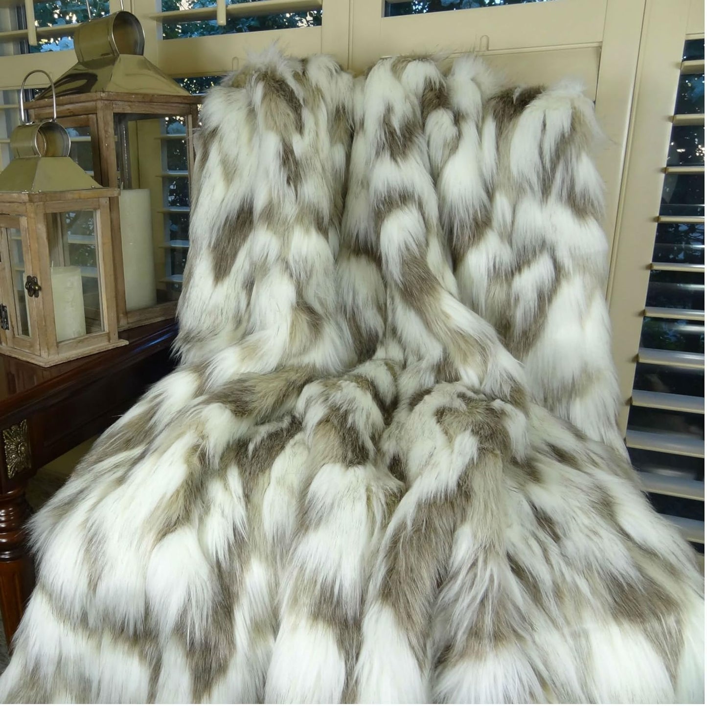 Ivory Beige Luxury Faux Fur Throw Blanket - Tibet Fox Fur - 90W x 90L