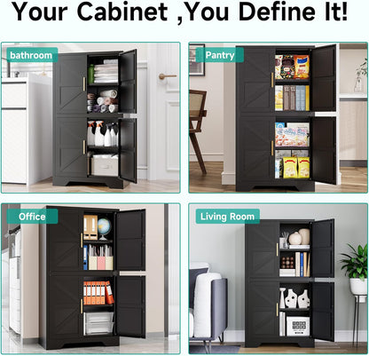 SISESOL Black Storage Cabinet with 4 Doors and 2 Adjustable Shelves,Farmhouse Food Pantry Cabinets,Small Bathroom Cabinet,4 Tier Metal Storage Cabinets for Home Kitchen,Dining/Living/Laundry/Room