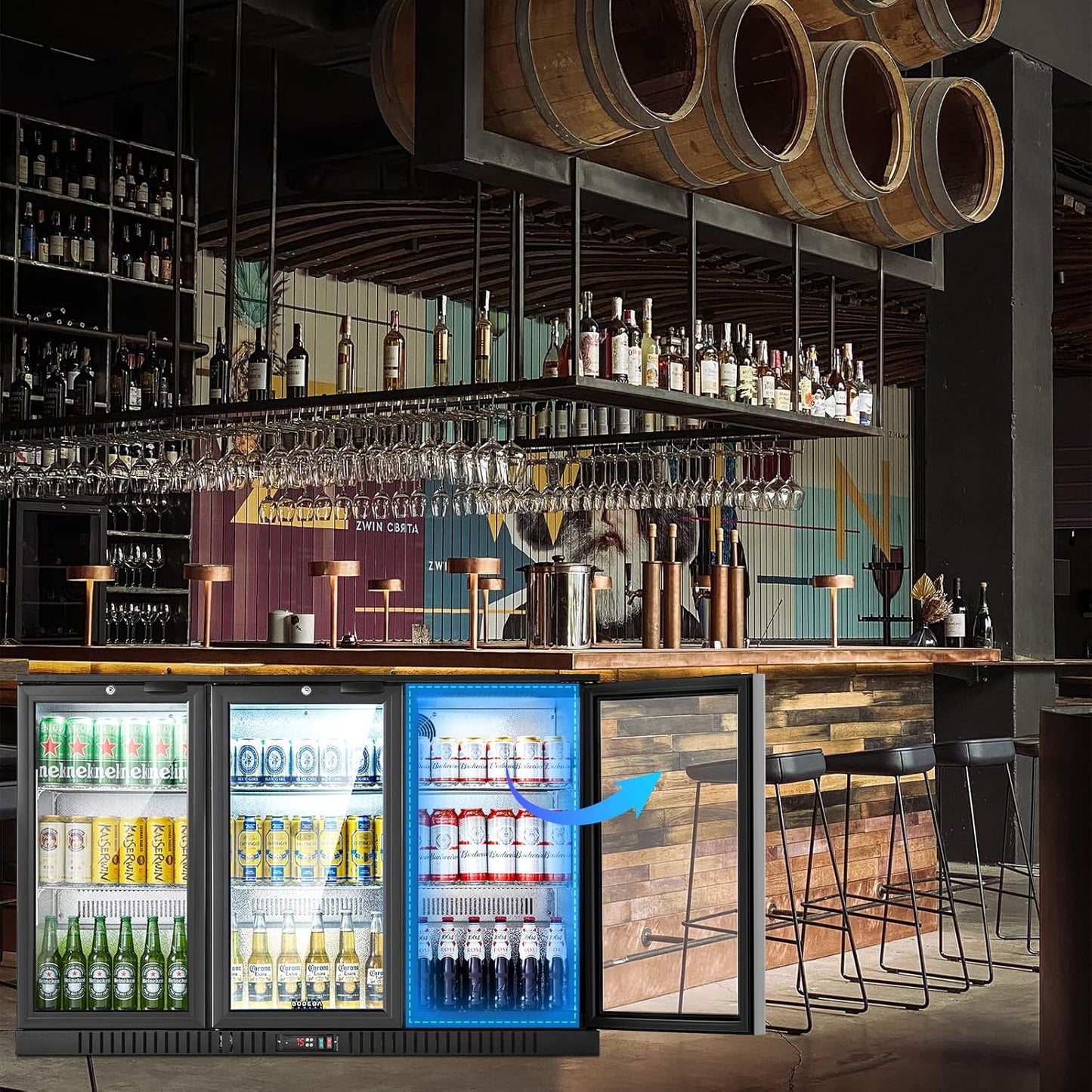 BODEGACOOLER Back Bar Cooler With 3 Glass Doors,11.4 Cu.Ft Commercial Back Bar Fridge with LED Lighting,Counter Height Bar Outdoor Beverage Cooler for Beer,Soda Drinks,Wine