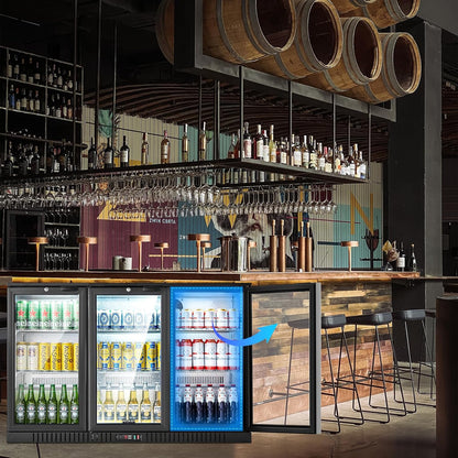 BODEGACOOLER Back Bar Cooler With 3 Glass Doors,11.4 Cu.Ft Commercial Back Bar Fridge with LED Lighting,Counter Height Bar Outdoor Beverage Cooler for Beer,Soda Drinks,Wine