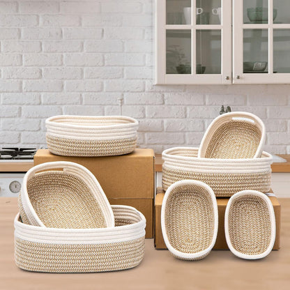 7 Piece Cotton Rope Woven Basket Set - Small Basket for Baby Nursery, Pets, Montessori, Dog & Cat Toy Boxes, Bathroom Organization Bins (White/Brown)