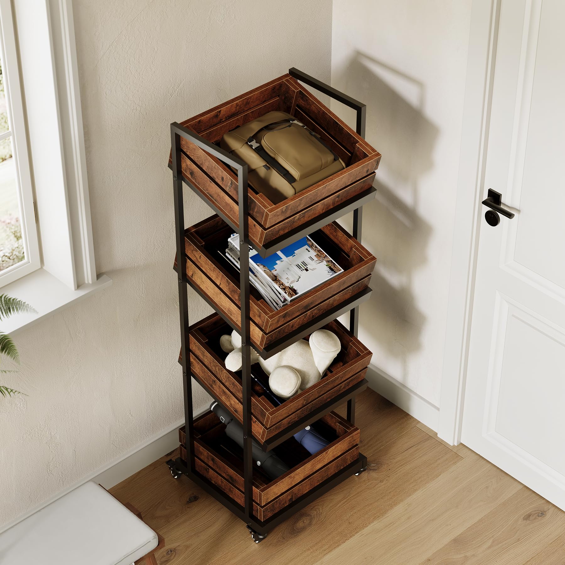 LITTLE TREE 4-Tier Basket Stand with Locked Wheels, Mobile Fruit and Vegetable Storage, Floor Stand
