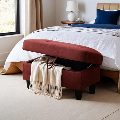 Ottoman Rectangular Storage Ottoman Bench, Flannel Footrest Stool Footstool with Lid for Living Room, Bedroom, Entryway, Red, 28.5"x19"x17.5"