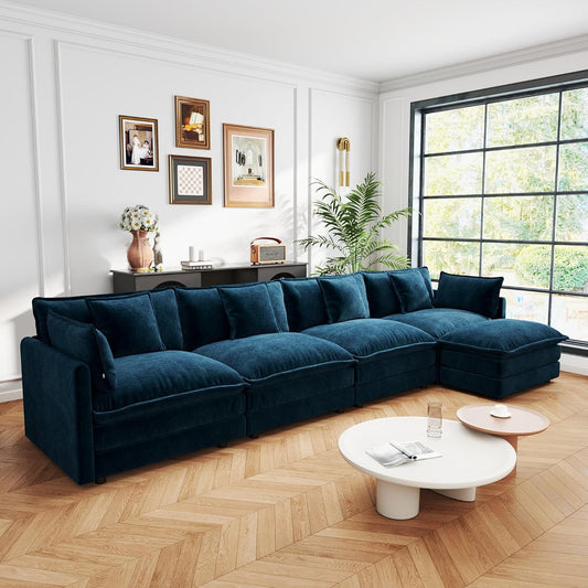 Sectional Sofa 4 Seater with Movable 1 Ottoman,Oversized Modular Couch Deep Seat (Blue, 146.5