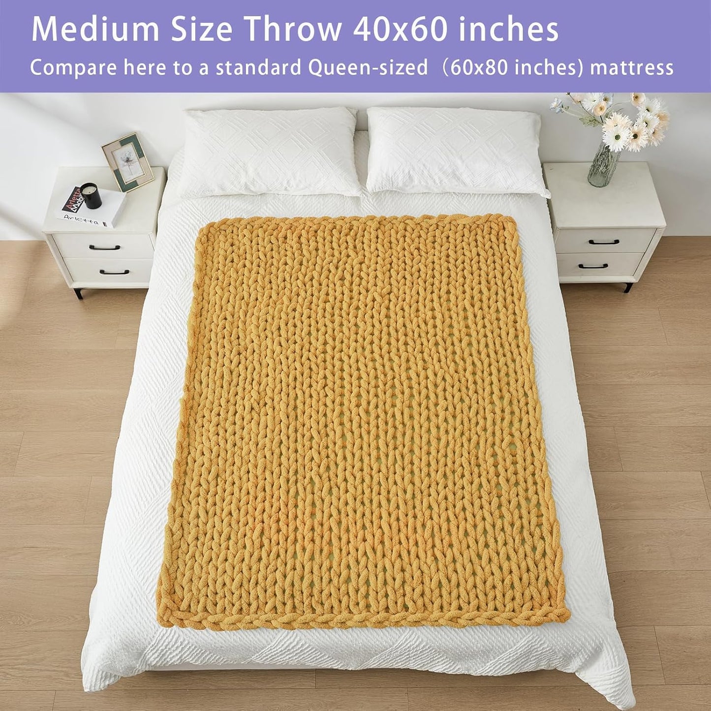 Bigacogo Chunky Knit Throw Blanket for Couch, 40x60 inches, 100% Hand Knitted with Thick Jumbo Chenille Yarn, Cozy Soft Large Rope Knot Cable Crochet Blankets for Sofa Bed Living Room, Mustard Yellow