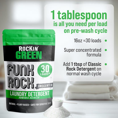 Rockin' Green Laundry Detergent, Plant based, All Natural Laundry Detergent Powder, Vegan and Biodegradable Odor Fighter, Safe for Sensitive Skin (Funk Rock Ammonia Bouncer 30 Loads - Unscented)