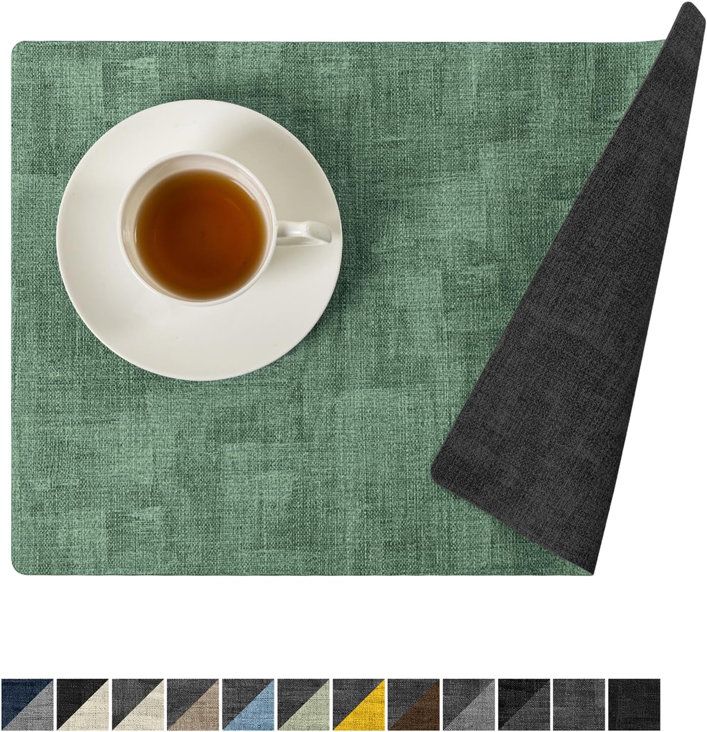 Romanstile Reversible Vinyl Placemats Set of 6, Faux Leather 100% Waterproof Oil-proof Wipeable Place Mats, Heat Resistant Dual Sided Table Mats for Kitchen/Dining/Party (Grey DarkGreen, 12 x 17 Inch)
