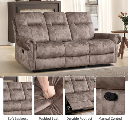 EBELLO 3 Pieces Reclining Couch Furniture Set for Living Room, Double 1 Seat Power Recliner Chair with Massage and Heat, a 3 Seater Manual Sofa, Vintage Rivet Mid-Century Design, Brown