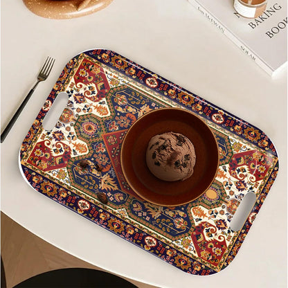 Serving Trays with Handles, 14.5 x 9.8 inch Rectangular Plastic Tray for Restaurant, Kitchen, Dark Red Pattern