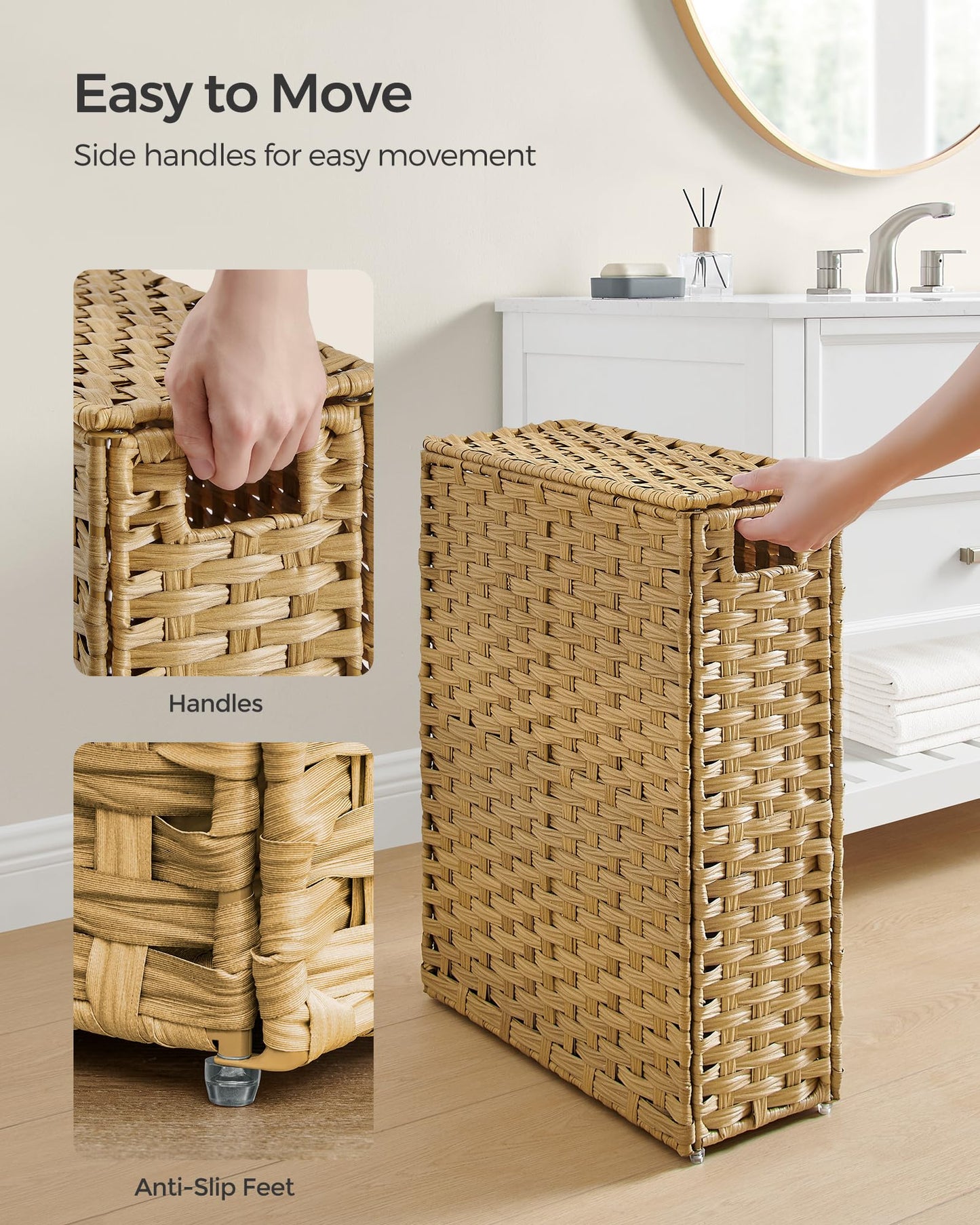 SONGMICS Slim Laundry Hamper with Lid, 14.5 Gallon (55L) Rattan Clothes Laundry Basket with Lid and