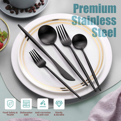 Matte Black Silverware Set for 6,Modern Stainless Steel Brushed Cutlery Set,30-Pieces Heavy Duty Flatware Set,Knives Spoons and Forks Set Utensils Set, Satin Finish, Dishwasher Safe
