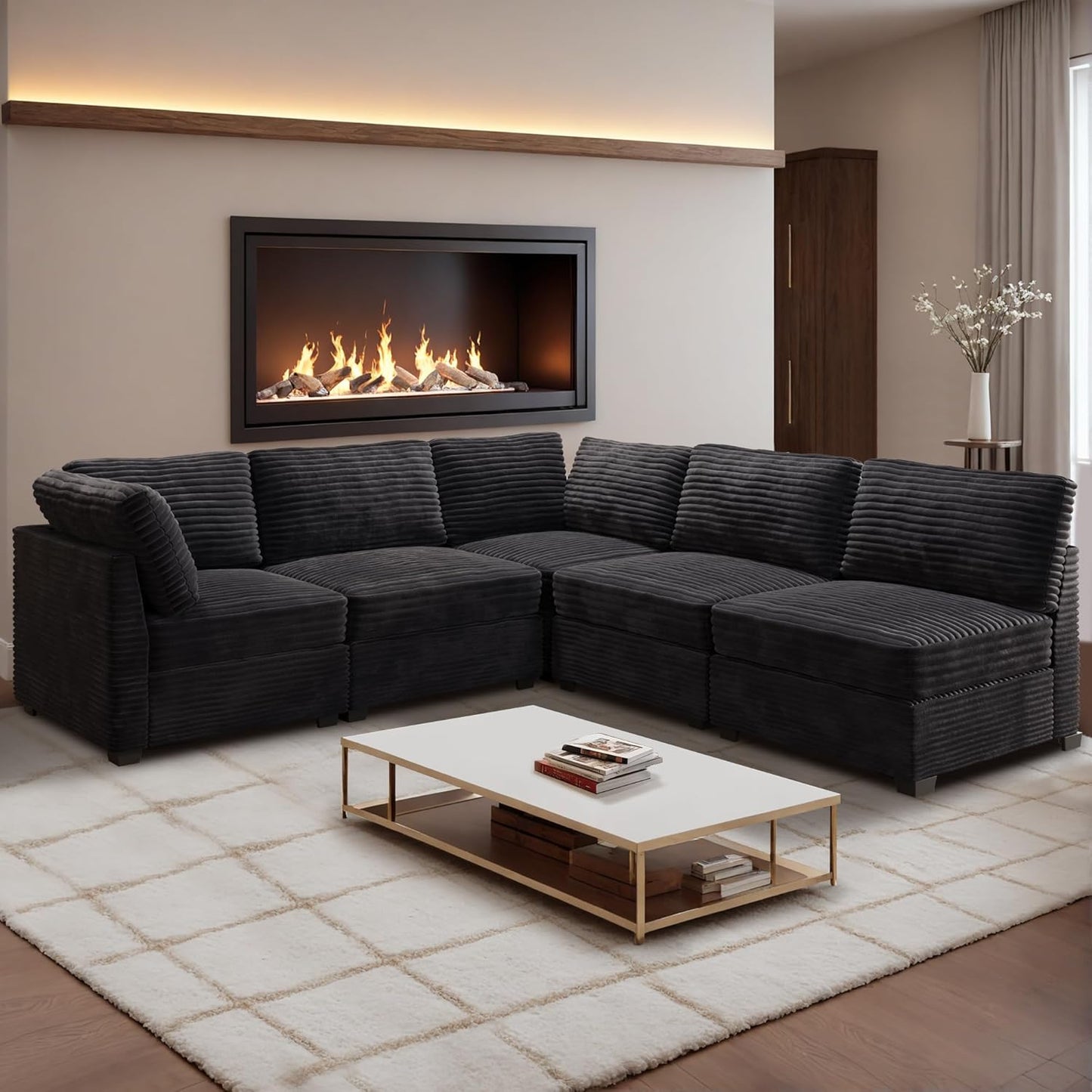 HOOOWOOO Modular Sectional Sofa,5 Pieces Sectional Couches for Living Room,98X98 L Shaped Cloud Couch Set(Black Velvet Corduroy)