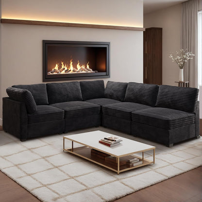HOOOWOOO Modular Sectional Sofa,5 Pieces Sectional Couches for Living Room,98X98 L Shaped Cloud Couch Set(Black Velvet Corduroy)