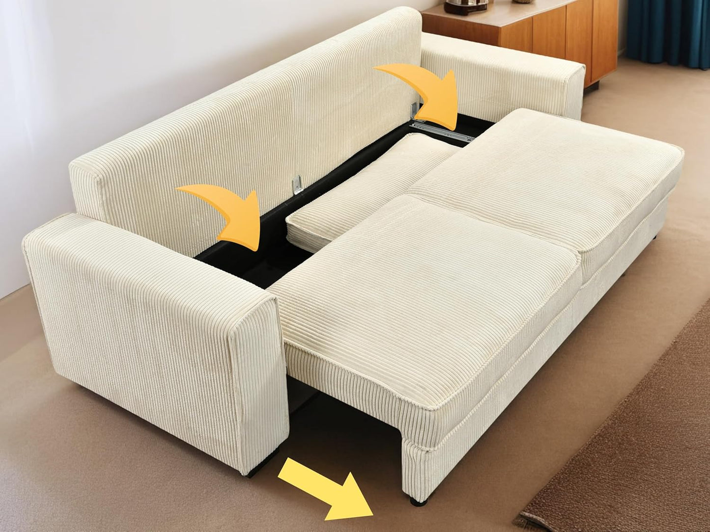 91-Inch Corduroy Pull Out Couch with Storage, Convertible Queen Sleeper Sofa with Pull Out Bed, Hide a Bed Couches for Bedroom, Guest Room, Apartment, Small Places, RV (Beige)