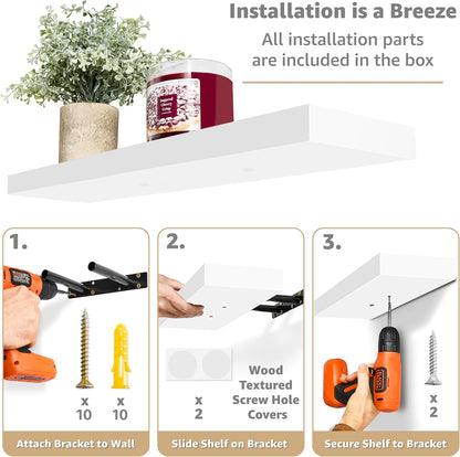 Sorbus Floating Shelves for Wall - 24" Bathroom Shelves, Wall Decor for Bedroom, Kitchen, Living Room, Home Decor & Book Storage - Mounted Floating Shelf with Invisible Brackets (White, 2 Pack)