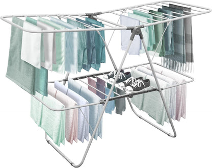 Brookstone – Extra Large – Double Spaced - 2 Tier Collapsible Clothes Drying Rack, Indoor/Outdoor Folding Hanging Garment Stand [NO Assembly - Ready Out of The Box]