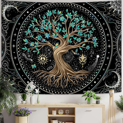 Lunerfex Tree of Life Tapastry Butterfly Moon Tapastry Flower Green Tree Tapestries Mandala Wall Hanging for Bedroom and Living Room Decor 70×90 Inches