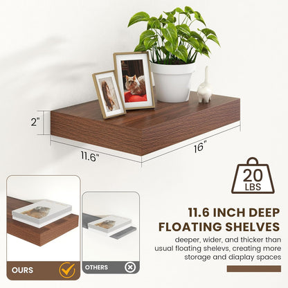 Deep Floating Shelves for Wall | 16 Inch Wide x 12 Inch Deep Floating Shelves Set of 2 | Rustic Walnut Wide Wall Shelves | Bookshelf Laundry Shelf TV Shelf