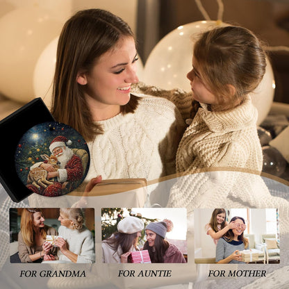 Vintage Christmas Santa Deer Ceramic Ornament Gifts, Rustic Winter Christmas Decorative Hanging Ornaments for Xmas Tree Holiday Party Decoration, Santa Deer Xmas Tree Decorations