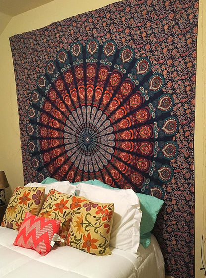 Bless International Handmade Indian hippie Bohemian Psychedelic Peacock Mandala Wall hanging College Dorm Beach Throws Table Cloth Bedding Tapestry (Golden Blue, King(88x104Inches)(225x265Cms))