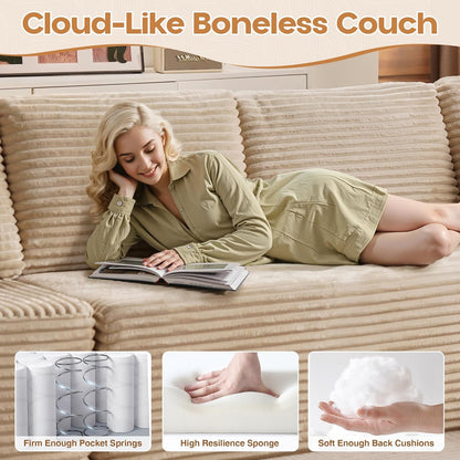 Cloud Sectional Couches for Living Room,G Shaped Modular Sofas No Assembly,135x133 Inches Plush Corduroy Oversized Floor Couch Set with Deep Seat Chaise,Beige