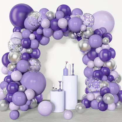 Amandir 153pcs Purple Balloon Garland Arch Kit, Different Sizes 18 12 10 5 inch Lavender Latex Metallic Confetti Silver Balloons for Girls Women Wedding Birthday Baby Shower Party Decorations Supplies