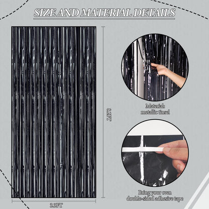 3 Pack Foil Fringe Backdrop - Laser Black Shiny Tinsel Curtains for Party Decoration/Photo Booth Props - 3.3x8.2 FT Metallic Foil Backdrop for Birthday, Wedding, Graduation, Christmas.