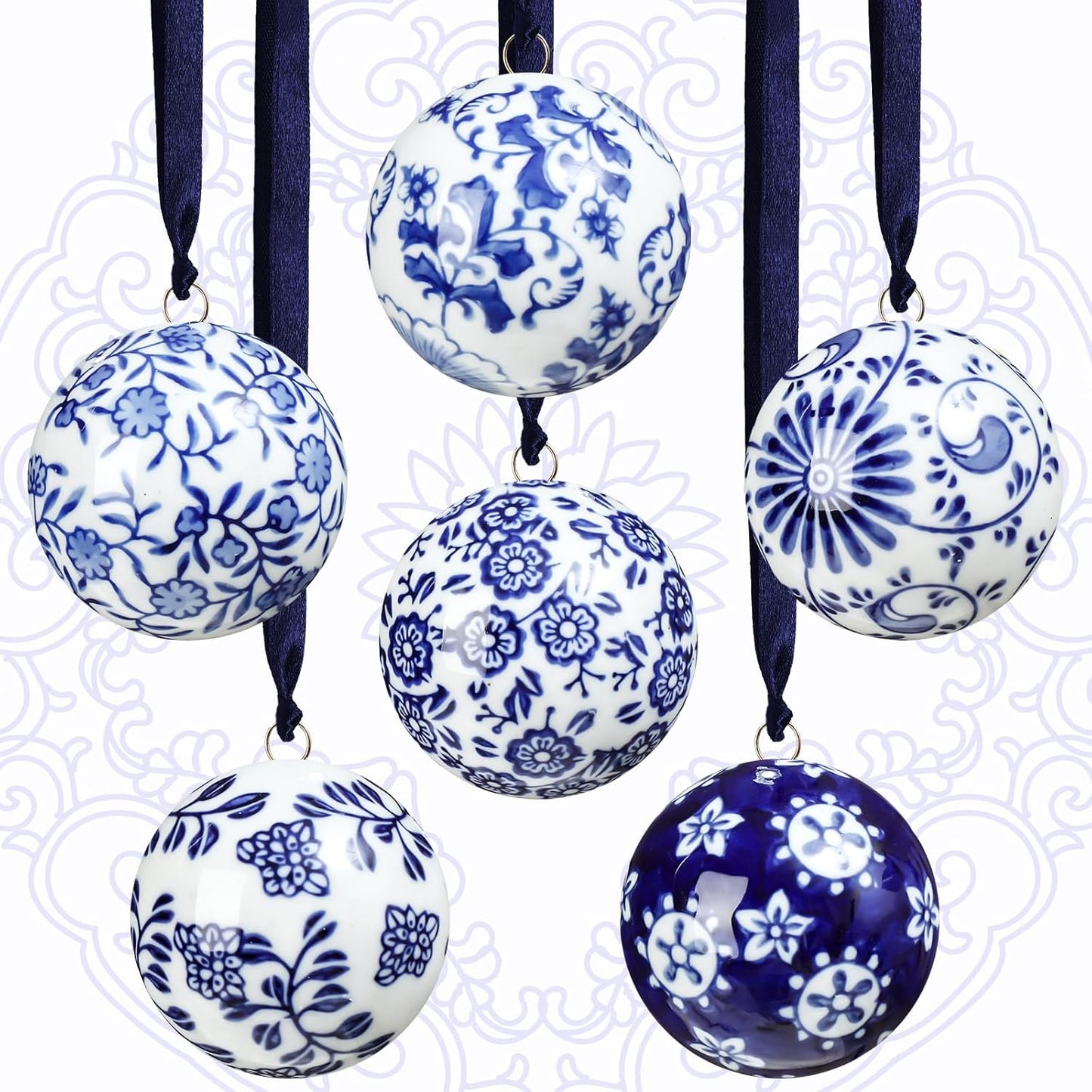 Cindeer 6 Pcs Blue and White Christmas Porcelain Balls 2.4 Inch Porcelain Chinoiserie Ornament Bulk Christmas Ceramic Hanging Decorative for Tree Home Xmas Party (Classic Style)
