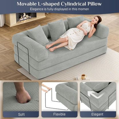 Convertible Sleeper Sofa Bed with Pillow, 4-in-1 Corduroy Folding Mattress Couch with Fixed-Shape Frame, Futon Fold Out Floor Sofa Cama Lounge Couch for Living Room Bedroom, Light Grey