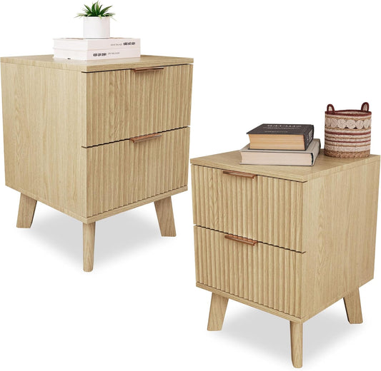 Fluted Nightstands Set of 2, Mid Century Modern 2 Drawer Dresser for Bedroom, Small Night Stand Side Table End Table with Wood Drawer Storage for Bedroom Closet, Natural