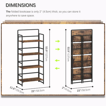 4NM No Assembly Foldable Bookshelf, 4-Shelf Collapsible Bookcase Storage for Small Spaces, 54" H, Rustic Brown and Black