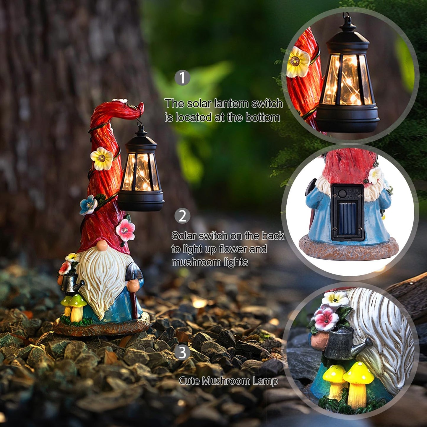 TIJNN Solar Garden Gnome Statue with Lantern, Dwarf Gardener Outdoor Decor for Patio, Yard, Porch Garden Gifts