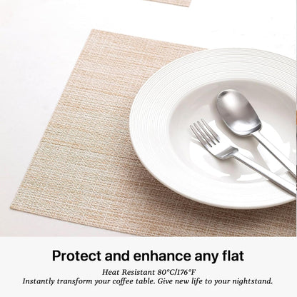 LEXMORE Placemats Set of 12 Vinyl/Plastic Woven Place Mats for Kitchen Table Indoor/Outdoor Washable Placemat Wipeable Dining Table Mats(A-Beige)