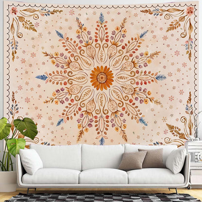 Fowocu Boho Floral Mandala Tapestry for Bedroom Aesthetic Watercolor Bohemian Flower Wall Tapestry Brown Beige Hippie Indian Extra Large Tapestries Wall Hanging for Living Room Dorm Decor 90 x 68 Inch