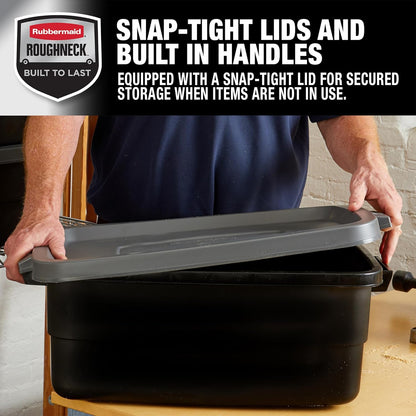Rubbermaid Roughneck Tote 10 Gal, 6 Pack, Made in USA, Black & Gray, Rugged Plastic Stackable Storage Bins with Lids and Handles