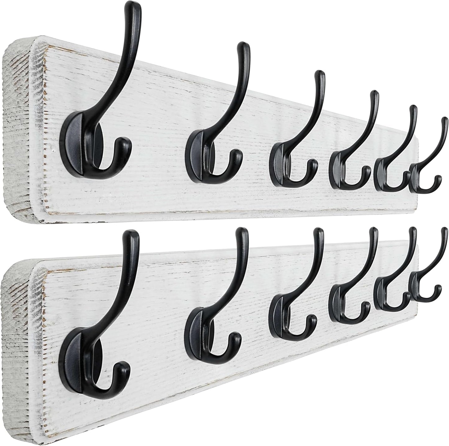 Dseap Wall Mounted Coat Rack: 24" Long, Patented, Heavy-Duty, 6-Double-Hooks Wooden Hanger Rail for Winter Coats, Hat, Jacket, Clothing - White & Black, Pack of 2