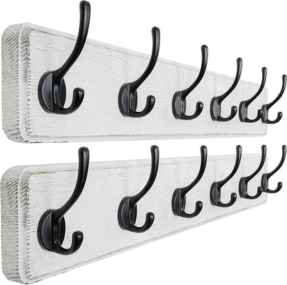 Dseap Wall Mounted Coat Rack: 24" Long, Patented, Heavy-Duty, 6-Double-Hooks Wooden Hanger Rail for Winter Coats, Hat, Jacket, Clothing - White & Black, Pack of 2
